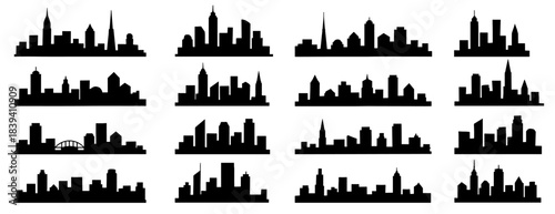Skyline silhouettes urban city shapes with varied architectural profiles. Features modern towers, compact buildings, spires