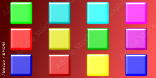 A vibrant grid of glossy colorful squares arranged in rows and columns on a red gradient background.