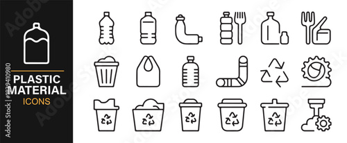 Minimal line-art icon set representing plastic materials, recycling items, and waste management tools