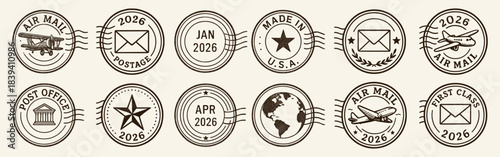 Postage marks vintage collection with aircrafts, envelopes, stars, globes, and dated circular seals