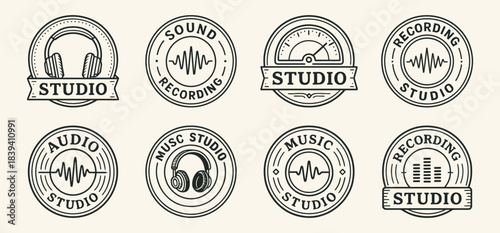 Audio studio emblems collection depicting headphones, meters, sound waves, and recording symbols. Highlights clean circular compositions suitable for music
