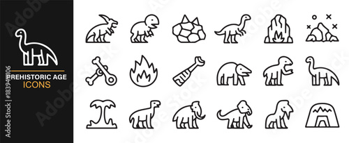 Simple outline graphics of prehistoric animals, stone tools, fire, and cave structures