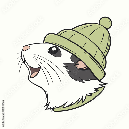 Cute guinea pig wearing a green beanie hat looking upwards