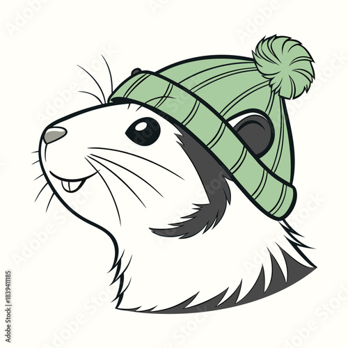 Cute guinea pig wearing a green knitted winter hat with a pom pom
