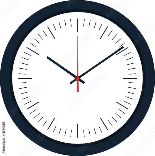 Modern wall clock vector illustration with minimal clean design, hour minute and second hands showing precise time