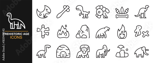 Minimalist line-art collection representing primitive life, ancient creatures, and early humans