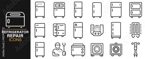 Vector outline collection of refrigeration repair devices, service tools, and appliance components