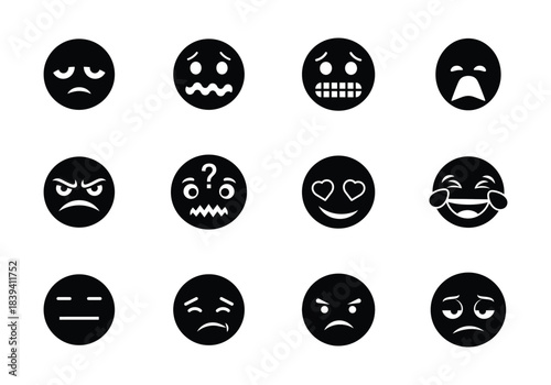 Emoji icon set. Including happy emotion, sad, smiling, surprised, angry, relaxed, confused, laughing, excited and shocked emoticon icons. Silhouette vector illustration
