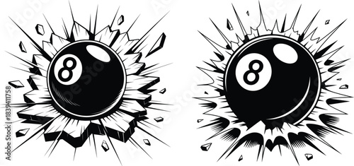 Exploding Eight Ball Impact Vector Illustration.