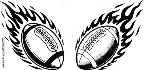 Flaming American Football Ball Silhouette Vector.