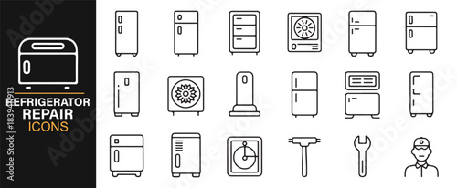 Professional vector icon set for appliance repair including fridges, tools, and service indicators