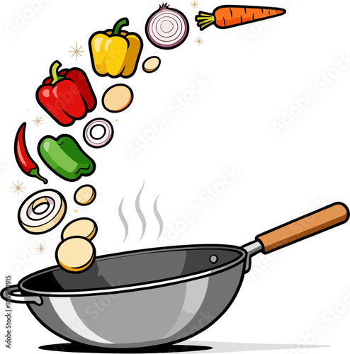 Colorful Vegetables Flying into Hot Wok – Clean Vector Asian Stir Fry Cooking Illustration