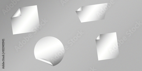 Curled page corner with shadow on transparent background collection. Blank transparent round and square adhesive stickers mock up with curved corner. Empty circle and quadratic sticky label mockup.