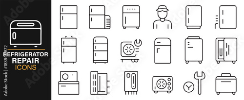 Detailed line-style icon bundle showing refrigerator components, service tools, and repair actions