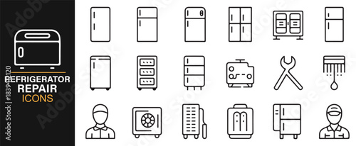 Modern outline vector icons representing fridge repair, service tools, and cooling devices