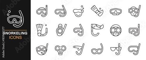 Professional vector icon pack depicting equipment used for snorkel and dive activities