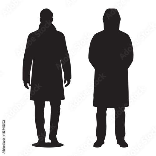 Full Body Black Silhouette Vectors of Men in Winter Coat Overcoat or Trench