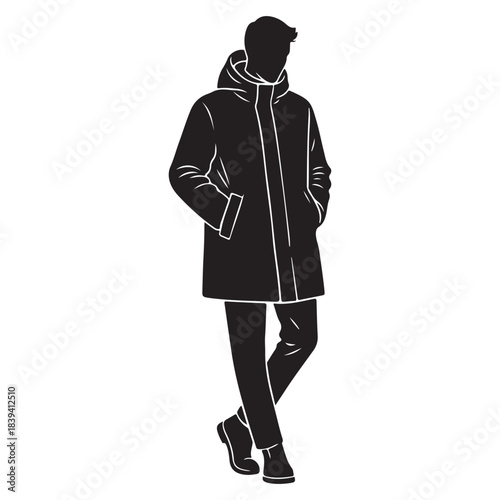 Hooded mid-length parka man standing silhouette hands in pockets vector