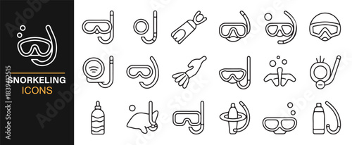 Aquatic sports gear icon set featuring detailed snorkeling and diving tools in line style