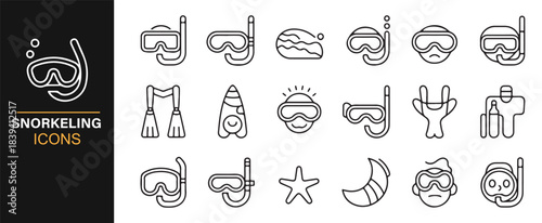 Modern minimalist icon collection of snorkeling and water-sport gear essentials
