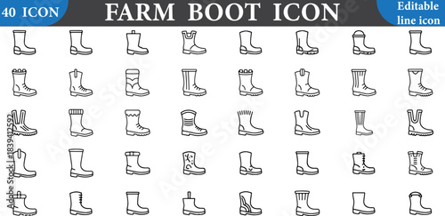 Collection of hand drawn farm boot icons in various styles and perspectives
