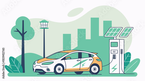 Electric vehicle charging at a solar-powered station, illustrating environmental sustainability