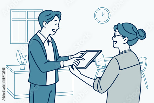 Colleagues exchanging a digital tablet, business concept illustration
