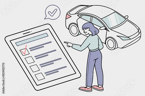 Woman inspecting checklist tablet next to car and success check mark