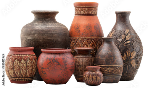 Pottery Elegance: a captivating composition of handcrafted ceramic pots, each one a unique work of art, with varying sizes, textures, and rich earthen tones.