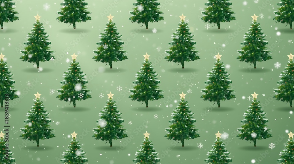 Obraz premium Whimsical repeating pattern of vibrant green Christmas trees, each topped with a shining star, set against a soft, snowy green backdrop, evoking a cheerful holiday spirit and winter magic