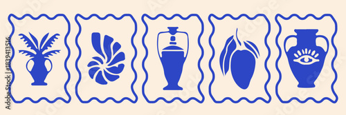 Tropical summer ocean print kit, hand drawn exotic nature silhouette stamp, vintage coastal logo. Sea shore surf travel sticker, Hawaii fruit, plant symbols, postage beach vacation badge. Summer print