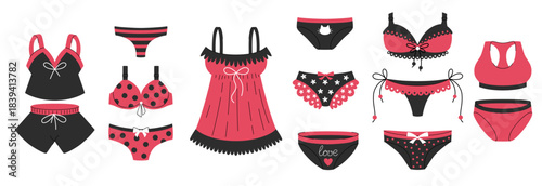 Set of women's romantic lingerie. Stylish panties, bras, pajamas, and nightgowns.