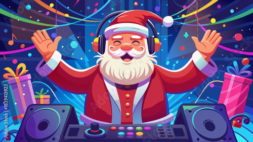 Modern nightclub Christmas celebration poster showcasing a crazy fun Santa Claus performing as DJ, wearing headphones and festive outfit, singing joyfully on a bright vibrant backdrop
