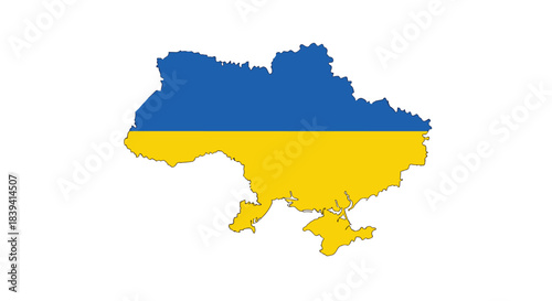 Map of Ukraine filled with the national blue and yellow flag colors representing the country's sovereignty and independence.