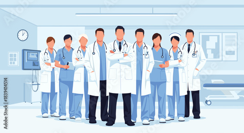 Confident team of doctors and nurses standing together in a hospital ready to provide professional medical care and treatment.