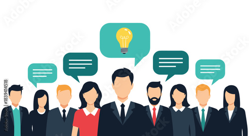Business team with a leader in the center sharing ideas and communicating through speech bubbles with a lightbulb for innovation.