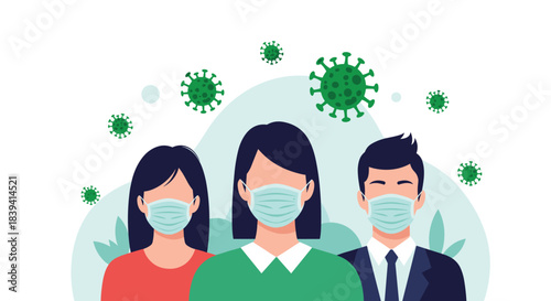 Group of three people a man and two women wearing protective medical face masks to prevent the spread of coronavirus.
