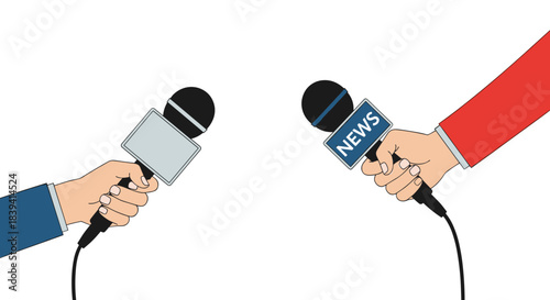 Two hands holding microphones for a press conference or an interview with a journalist asking questions for a news report.
