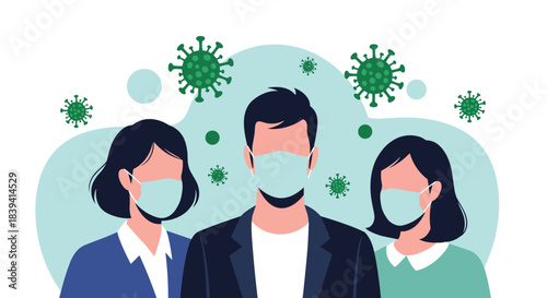 Group of people including a man and two women wearing protective medical face masks to prevent infection from the coronavirus.