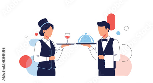 Professional male and female restaurant staff a waiter and waitress in uniform holding a tray with wine and a food cloche.