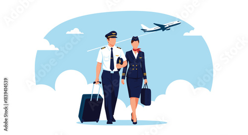 Airline pilot and flight attendant in uniform walking with their luggage with an airplane flying in the sky behind them.