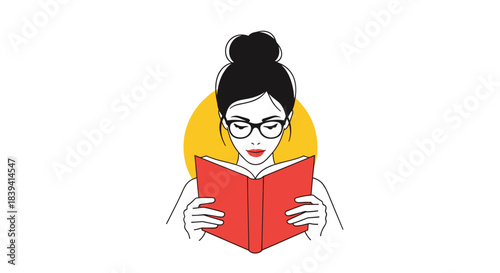 Young woman with glasses and her hair in a bun is concentrating on reading an interesting book against a yellow circle background.
