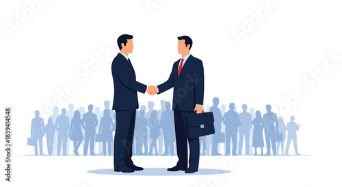 Two businessmen in dark suits shaking hands to finalize a successful deal with a large crowd of people in the background.