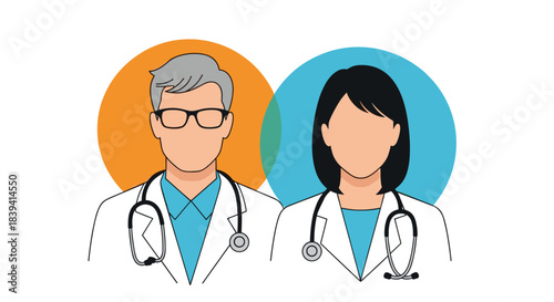 Professional male and female doctors in white coats with stethoscopes representing the healthcare and medical team concept.