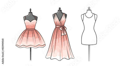 Collection of elegant pink party dresses on display mannequins alongside a blank dress form for fashion design concepts.