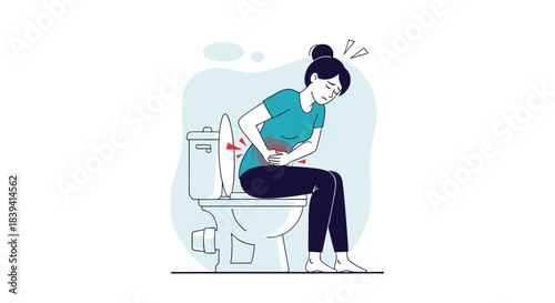 Young woman suffering from severe abdominal pain and stomach cramps while sitting on the toilet in the bathroom at home.