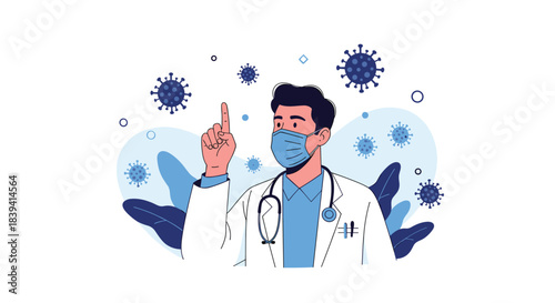 Male doctor wearing a protective face mask and giving important advice about coronavirus prevention during the global pandemic.