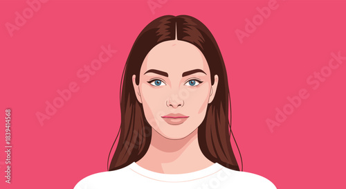 Beautiful portrait of a young woman with long brown hair and striking blue eyes looking forward on a solid pink background.