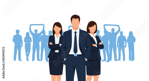 Confident business team leader with two female colleagues standing together with a crowd of supporters in the background.