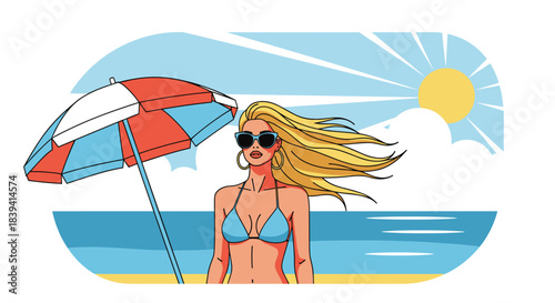 Beautiful blonde woman in a blue bikini and sunglasses enjoying her summer vacation on a sunny beach with a large umbrella.